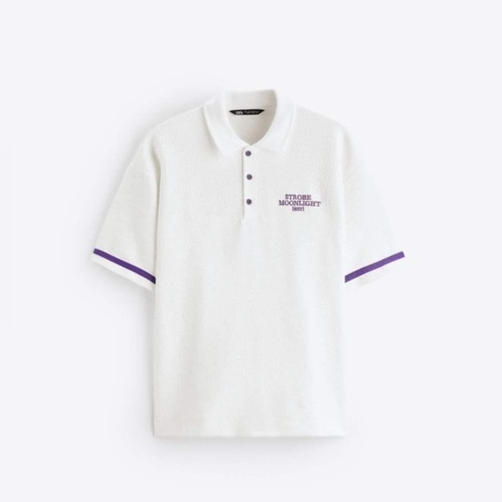 Zara Boucle Shirt Strobe Moonlight Hotel Purple White Cotton Blend Polo Casual